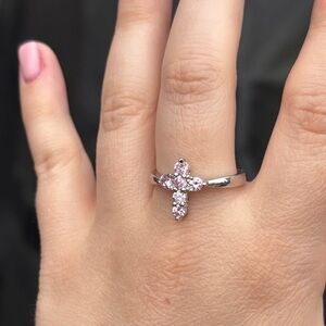Dainty Pink CZ 925 Silver Cross Ring Size 9